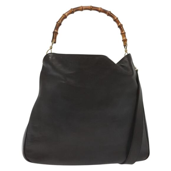 GUCCI Bamboo Hand Bag Leather Black Gold 001 001 - Picture 1 of 16